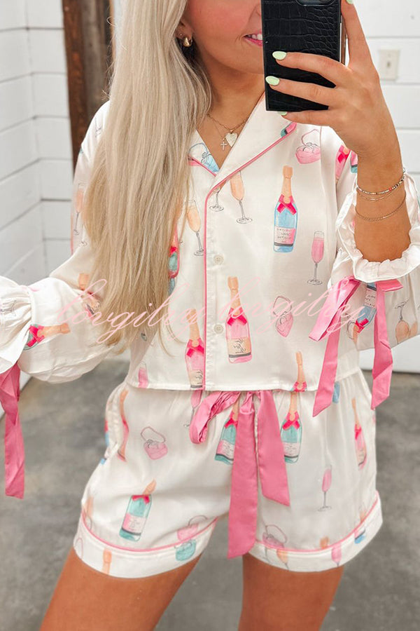 Unique Print Loose Long Sleeve Bow Tie Top and Elastic Waist Pocket Shorts Set