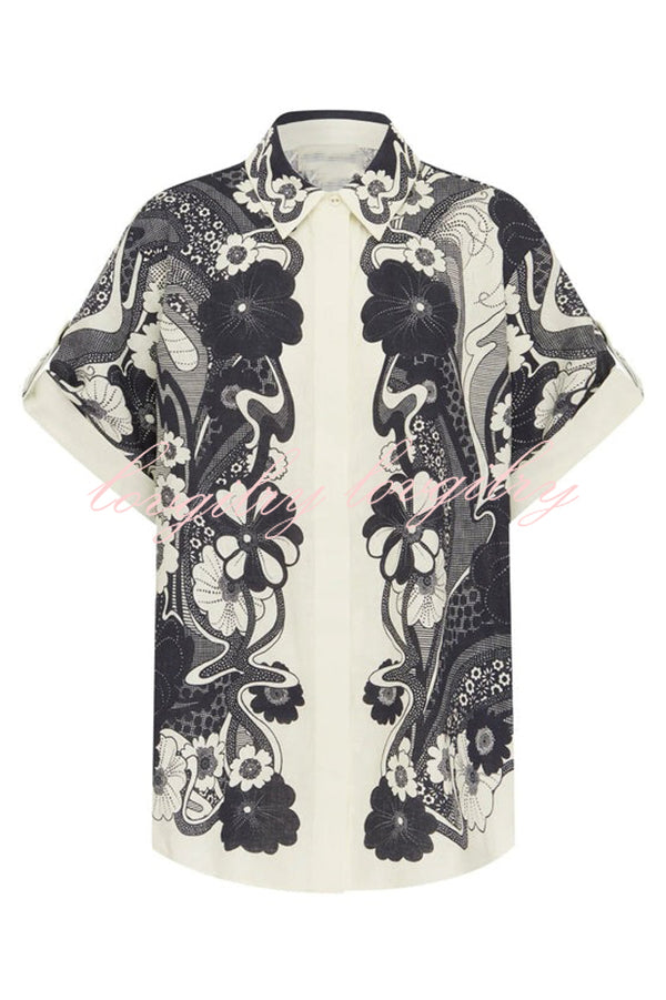 Linen Blend Lapel Short Sleeve Loose Top and Elastic Waist Casual Pocket Wide Leg Pants Set
