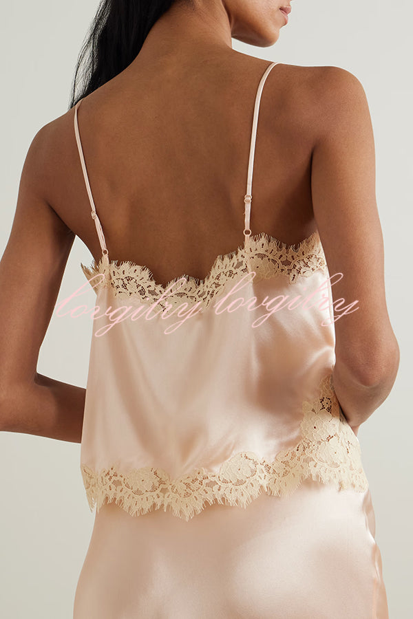 Celebration Look Contrast Color Satin Lace Trim V-Neck Slip Tank
