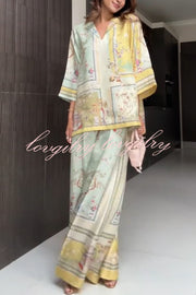 Elonie Satin Floral Print V-neck Half Sleeve Top and Elastic Waist Wide Leg Pants Set