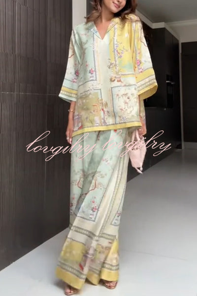 Elonie Satin Floral Print V-neck Half Sleeve Top and Elastic Waist Wide Leg Pants Set