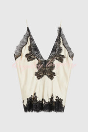 Party Focus Contrast Color Satin Lace Trim V-Neck Slip Tank