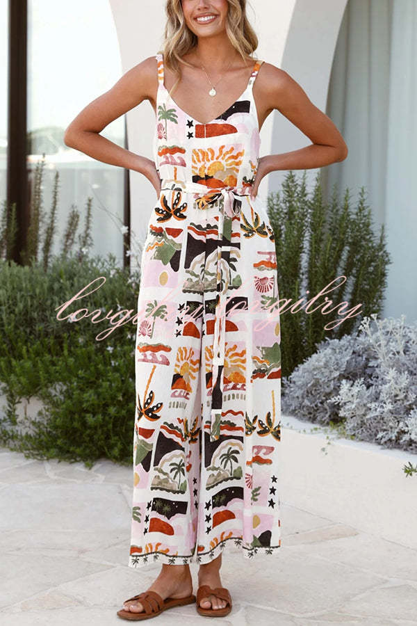 Unique Beach Vacation Print V-neck Suspenders Casual Wide-leg Jumpsuit