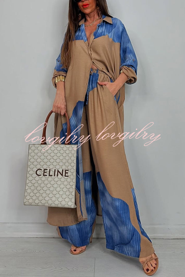Unique Printed Casual Loose Long Shirt and Elastic Waist Pocket Wide Leg Pants Set