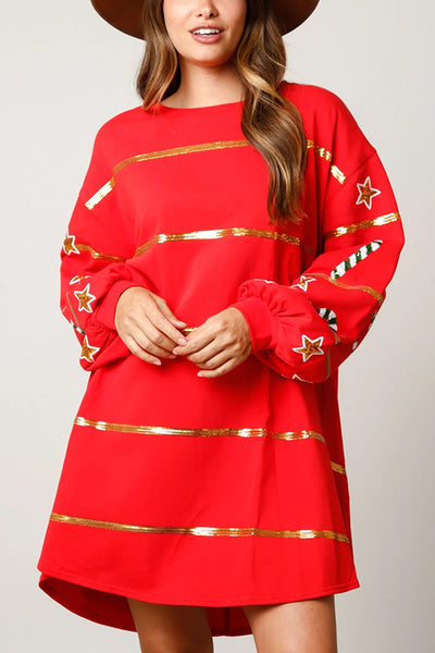 Christmas Candy Sequin Loose Long Sleeve Casual Mini Dress