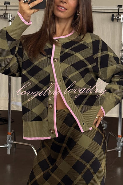 Holiday Plaid Knit Color-blocked Trim Button Long-sleeved Loose Cardigan