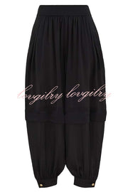 Esella Satin Gathered Waist Pocket Button Ankle Cuffs Harem Pant