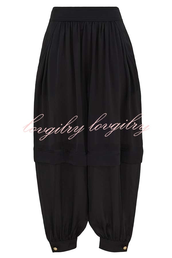 Esella Satin Gathered Waist Pocket Button Ankle Cuffs Harem Pant