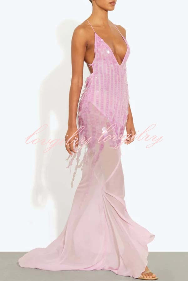 Perfect Night Sequin Embroidery Backless Drape Tulle Hem Slip Maxi Dress