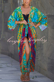 Unique Print Loose Lace Up Holiday Maxi Cover Up