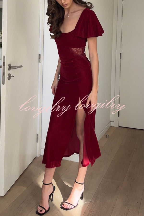 Yumi Velvet Lace Patchwork Bell Sleeve Back Lace-up Slit Midi Dress