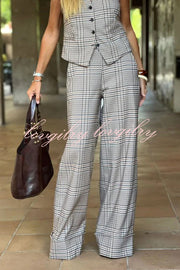 Office Chic Plaid Button Up Vest and Elastic Waist Pocketed Wide Leg Pants Set