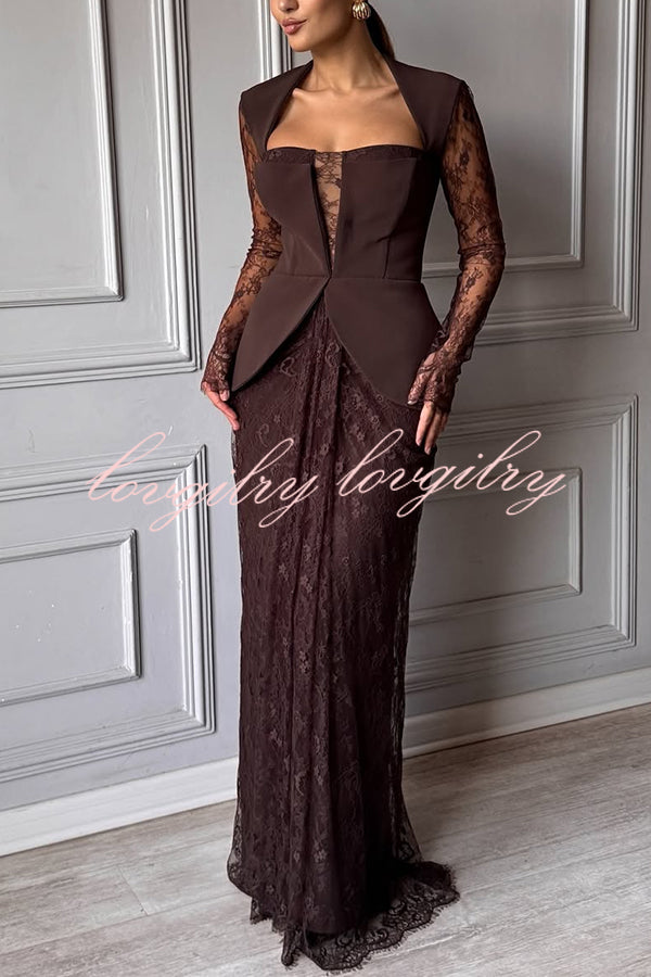 Belle Contrast Sheer Lace Fabric Patchwork Square Neck Long Sleeve Drape Maxi Dress