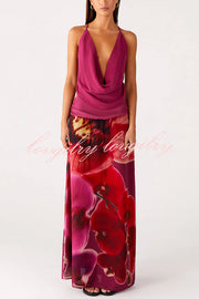 Sexy Deep V Backless Draped Camisole Top and Floral Print Chiffon Maxi Skirt Set
