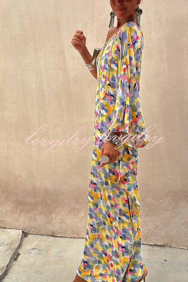 Indio Watercolor Print One Shoulder Drape Sleeve Maxi Dress