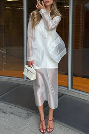 Simple and Light See-through Fabric Mid Rise Pencil Slit Midi Skirt