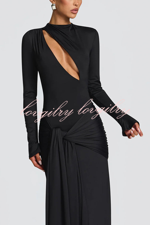 Sexy Cutout Fitted Long-sleeved Pleated Satin Ribbon Maxi Dresses