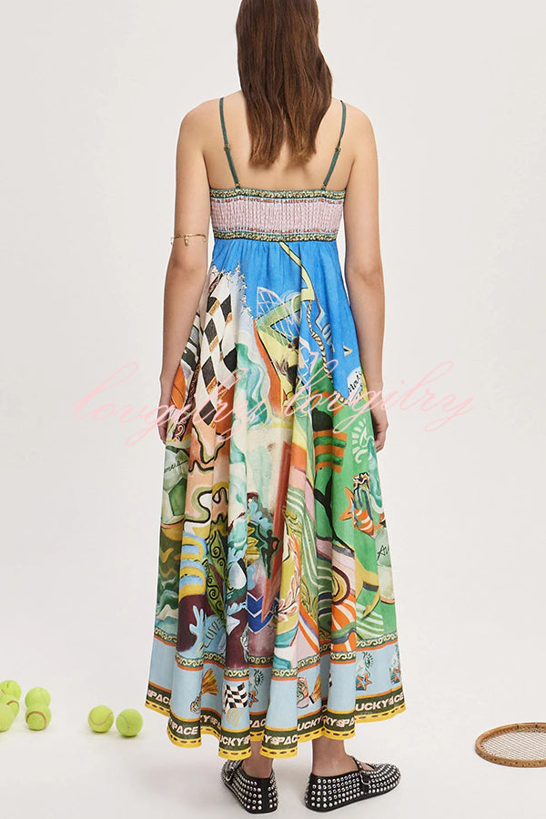 Linen Blend Unique Print Suspenders Back Pleated Pocket Resort Style Maxi Dress