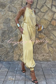 Satin Solid Color Loose Backless Casual Top