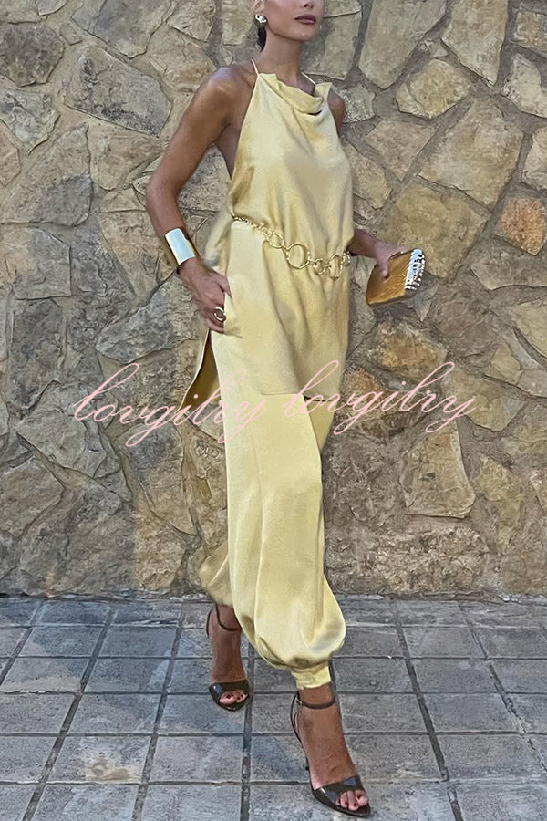 Satin Solid Color Loose Backless Casual Top
