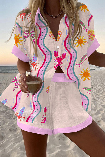Marine Life Print Loose Button Elastic Waist Shorts Set