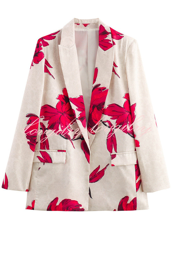 Special Attendance Satin Floral Print Long Sleeve Lapel Loose Blazer