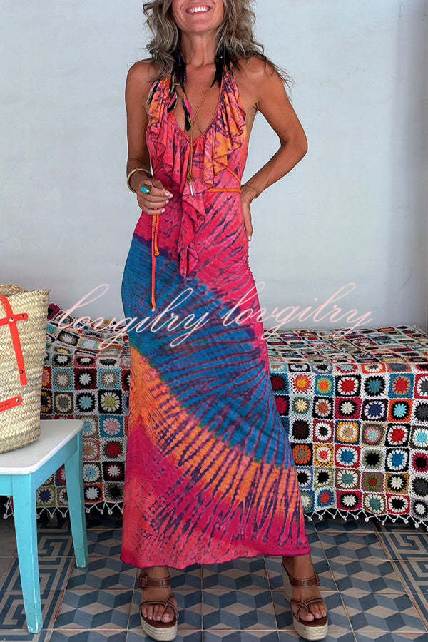 Tarik Tie-dye Print Ruffle Neck Halter Lace-up Backless Stretch Maxi Dress