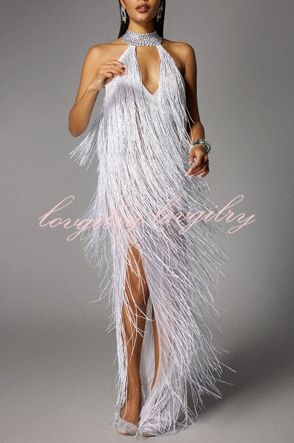 Glimmer Hour Shiny Layered Tassels Halter Cutout Neck Split Maxi Dress