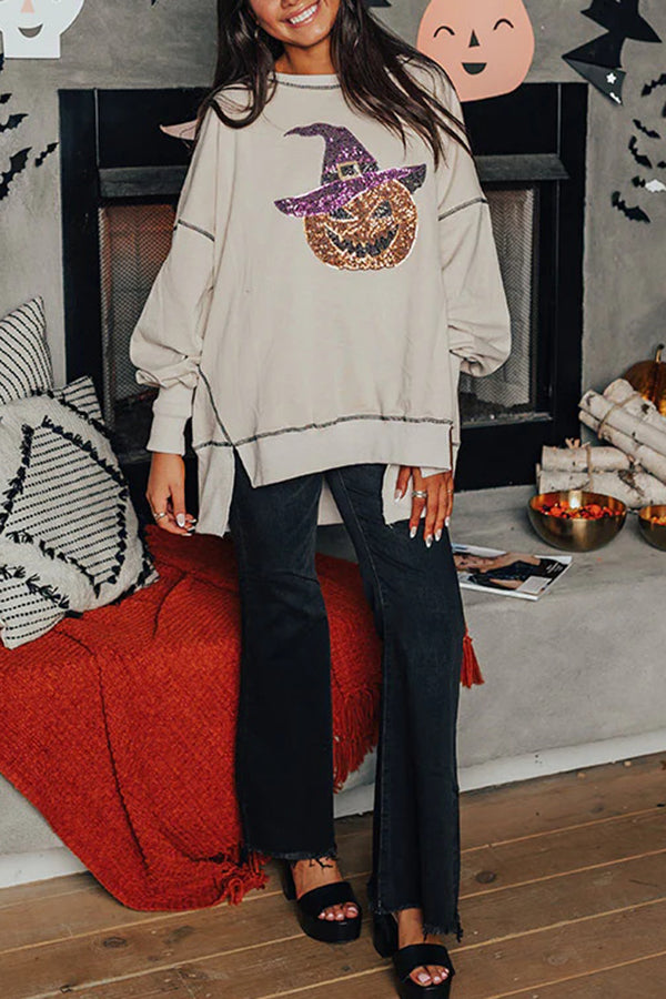 Halloween Sequined Pumpkin Loose Casual Sweatshirt