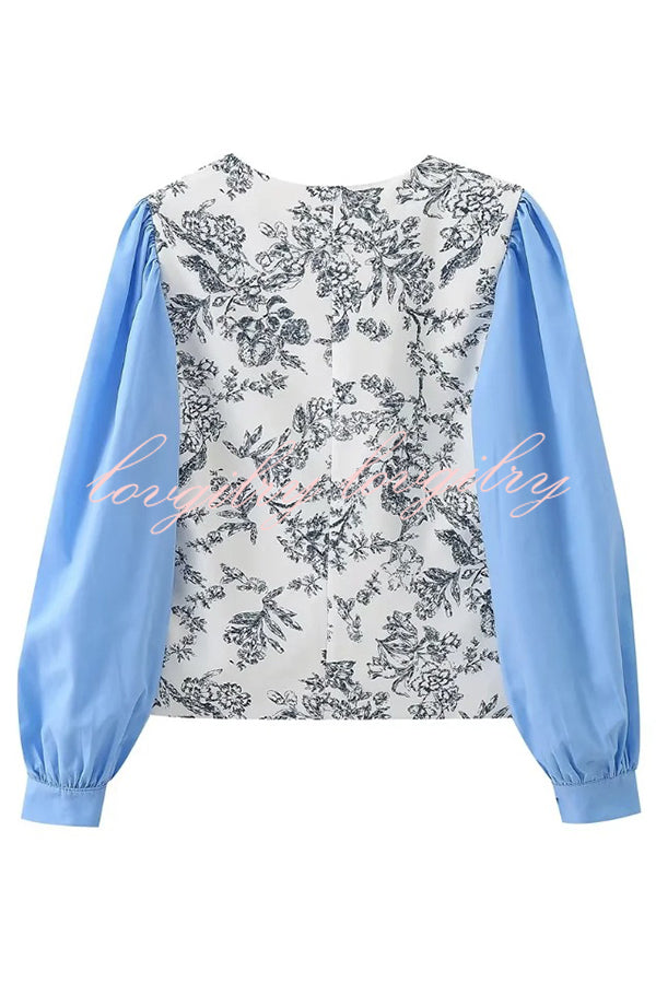 Botanical Print V-neck Patchwork Long-sleeved Top