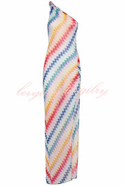 Vacay Charm Knit Colorful Zigzag Pattern One Shoulder Slit Maxi Dress