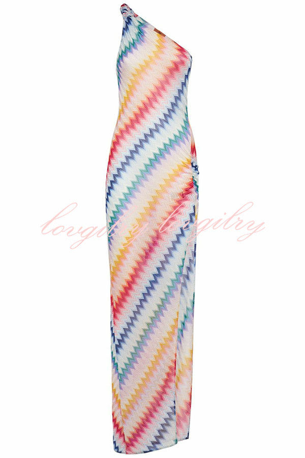 Vacay Charm Knit Colorful Zigzag Pattern One Shoulder Slit Maxi Dress
