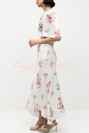 City Life Satin Floral Print Bell Sleeve Fitted Silhouette Maxi Dress