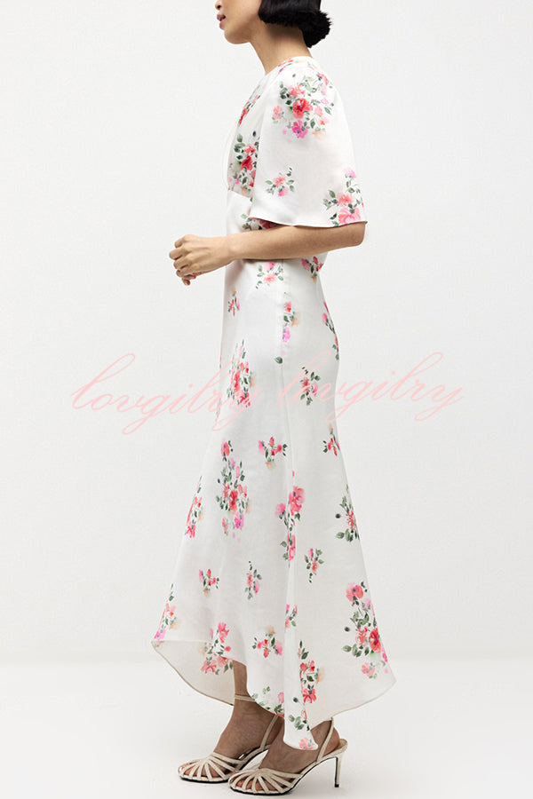 City Life Satin Floral Print Bell Sleeve Fitted Silhouette Maxi Dress