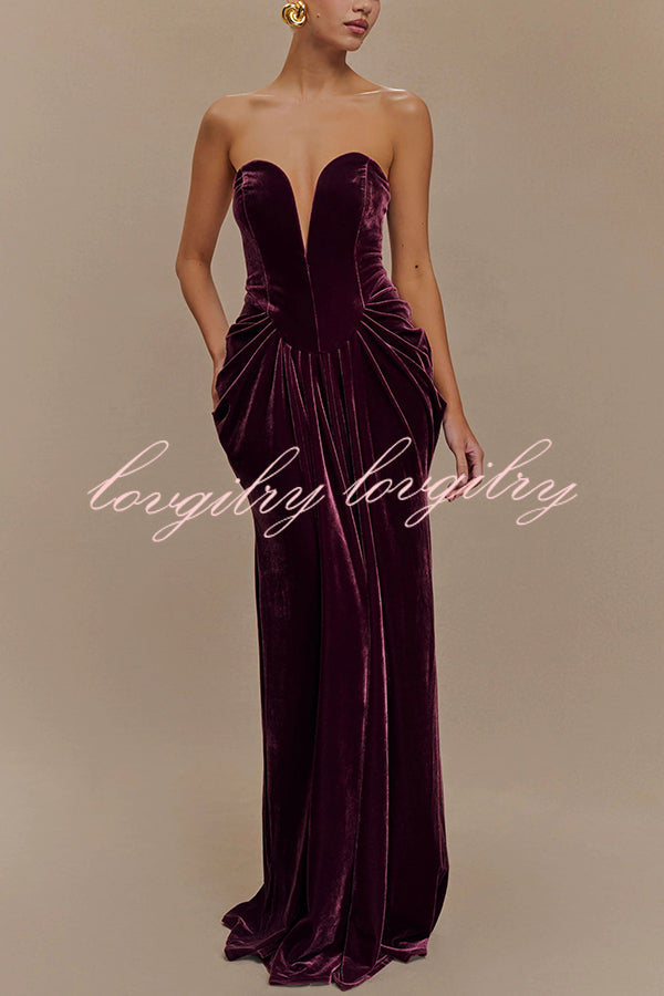 Paige Velvet Off Shoulder Side Pleated Hip Drape Maxi Dress