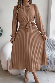 Elegant Stand-collar Long-sleeve Waisted Tie-up Pleated Midi Dress