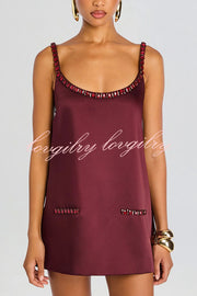 Taste Red Wine Satin Gemstone Trim Round Neck Slip H-line Mini Dress