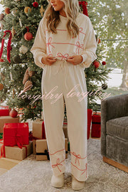 Candy Cane Cutie Loose Bow Tie Long-Sleeved Sweatshirt and Elastic Waist Pocket Pants Set