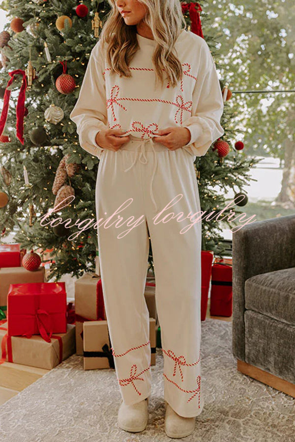 Candy Cane Cutie Loose Bow Tie Long-Sleeved Sweatshirt and Elastic Waist Pocket Pants Set