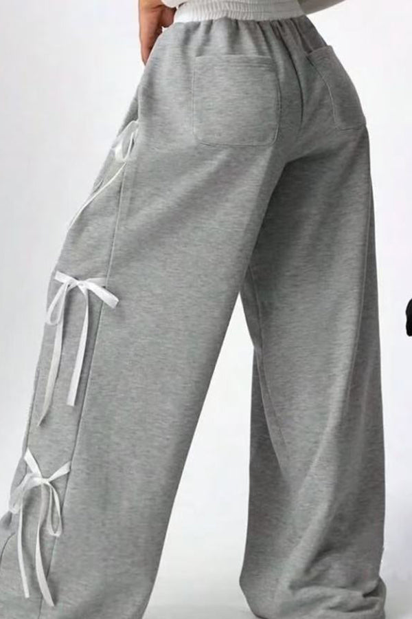 Fashion Elastic Waist Side Bow Casual Straight Wide-leg Pants