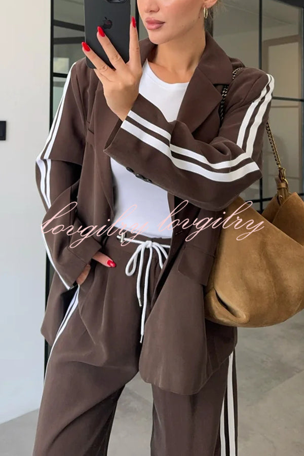 Levvie Striped Trim Long Sleeve Lapel Blazer and Rope Belt Pocketed Wide Leg Pants Set