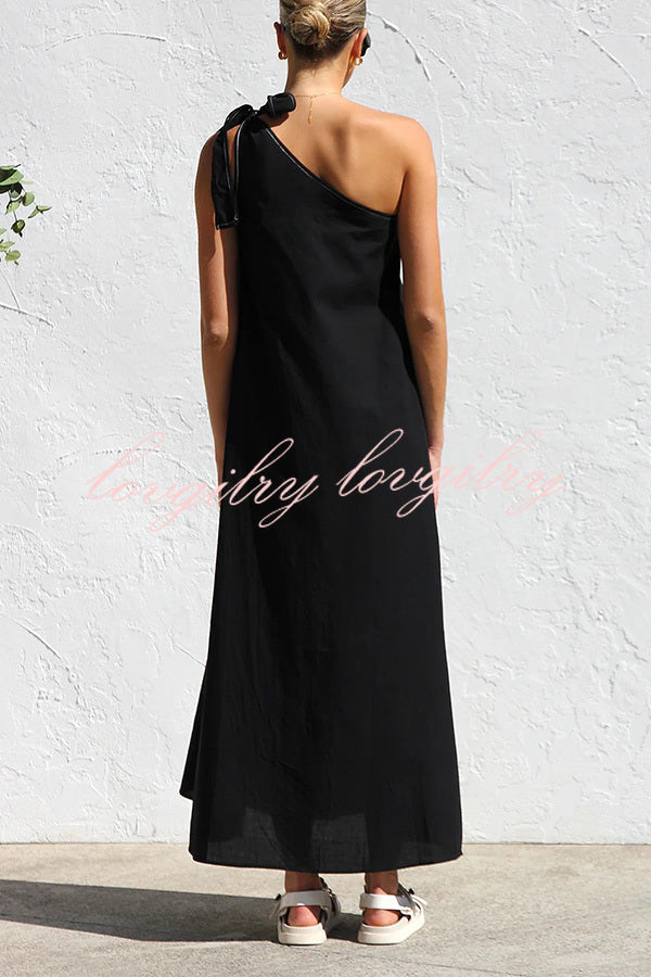 Solid Color One-shoulder Strappy Elegant Sloping Collar Loose Maxi Dress