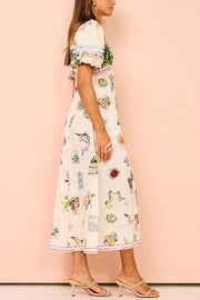 European Summer Sunset Linen Blend Unique Print Puff Sleeve Midi Dress