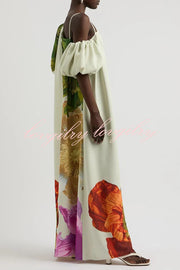 Floral Print Slant Collar Puff Sleeves Loose Holiday Maxi Dress
