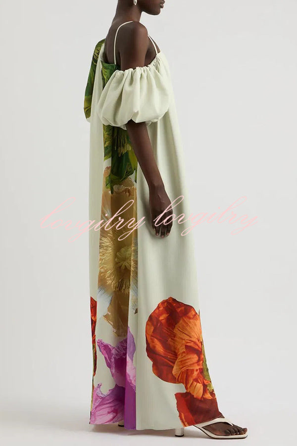 Floral Print Slant Collar Puff Sleeves Loose Holiday Maxi Dress