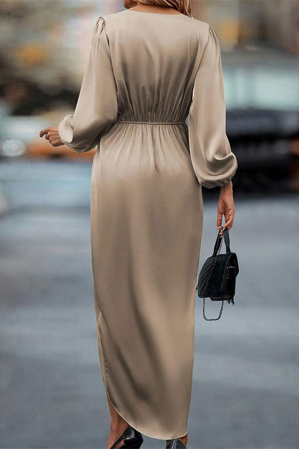 Satin V-neck Long-sleeved Slit Irregular Hem Midi Dress