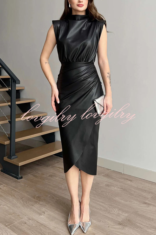 Elouise Faux Leather Turtleneck Shoulder Pads Ruched Slit Midi Dress