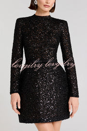 Edie Sequin High Neck Long Sleeve Satin Bow Belted Tulip Mini Dress