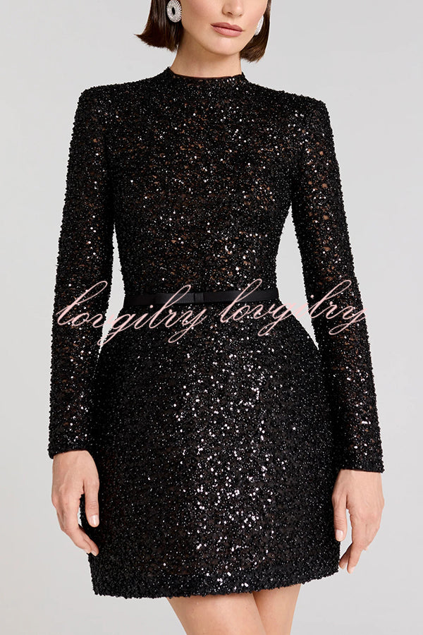 Edie Sequin High Neck Long Sleeve Satin Bow Belted Tulip Mini Dress