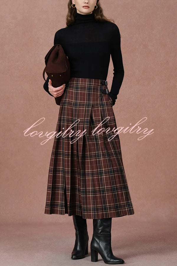 Yehudit Plaid Belt Buckle Design High Rise Pocket Midi Umbrella Skirt